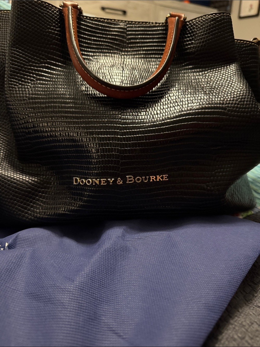 Dooney & Bourke Black Lizard-Embossed Satchel with Brown Handles - Picture 2 of 5